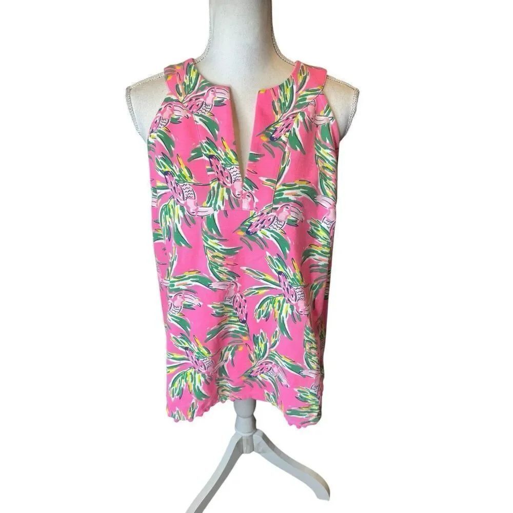 Crown & Ivy Curvy Pink w Multicolor Birds Sleeveless Top Size 1X Summer Vacation